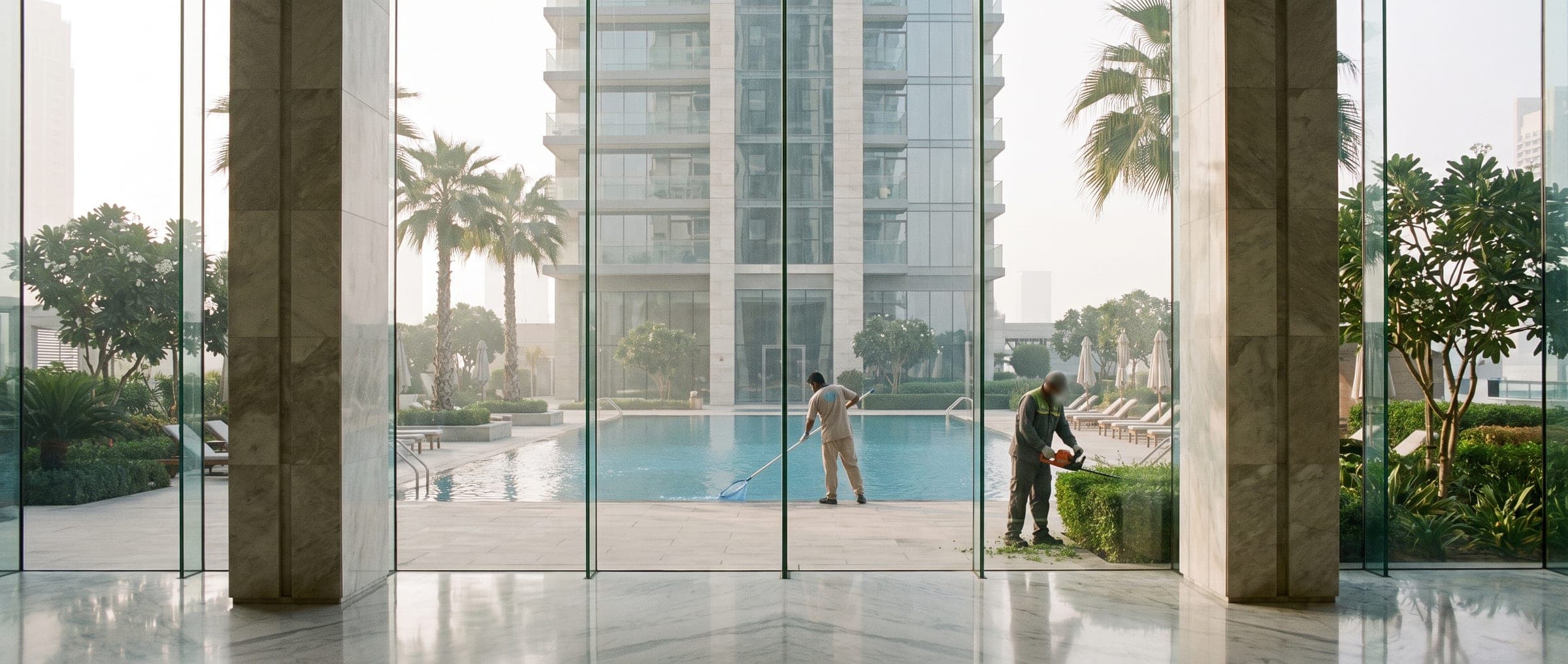 Residential tower lobby and pool deck in morning light, staff cleaning at mid-distance