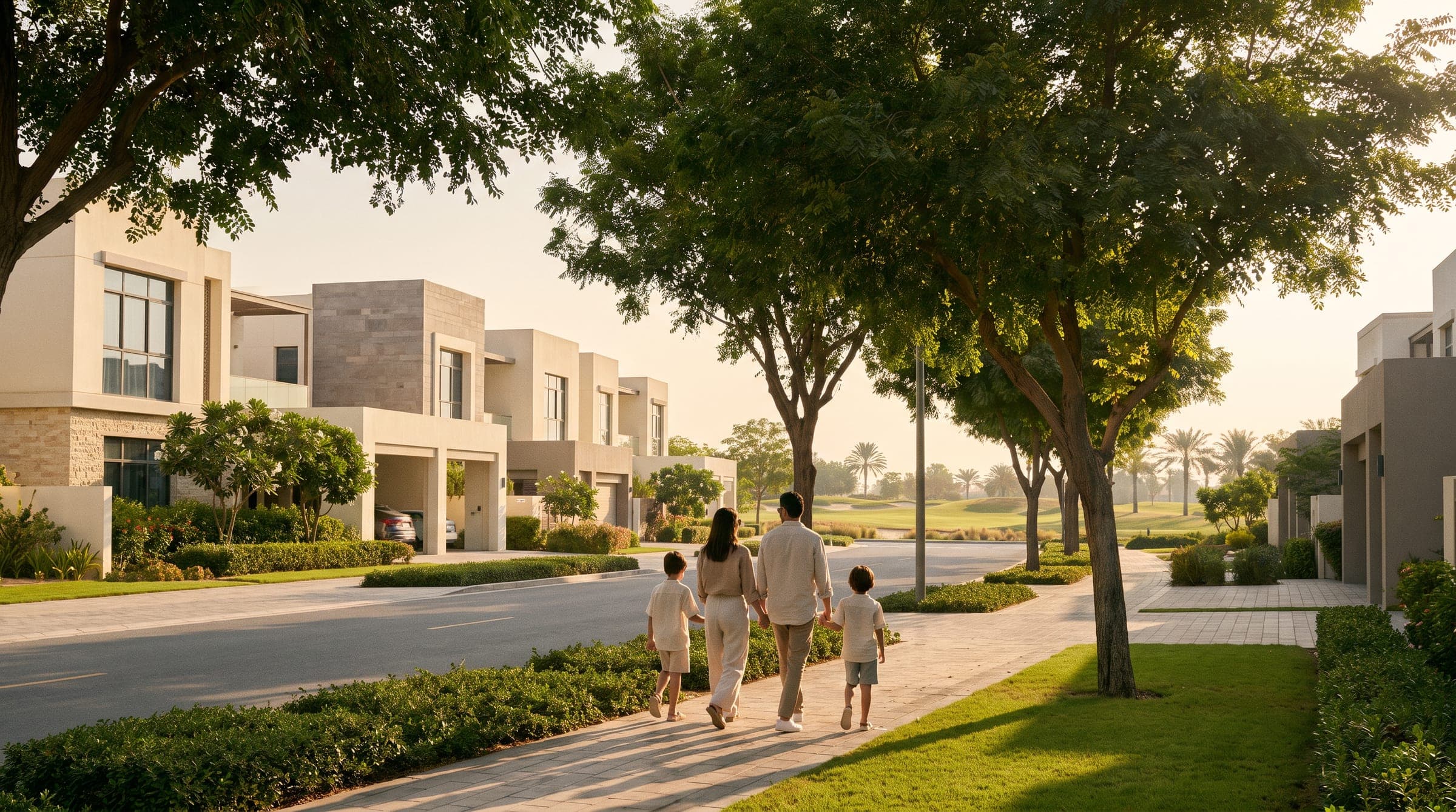 Dubai Hills Estate villa street in soft morning light with the golf course green and mature trees