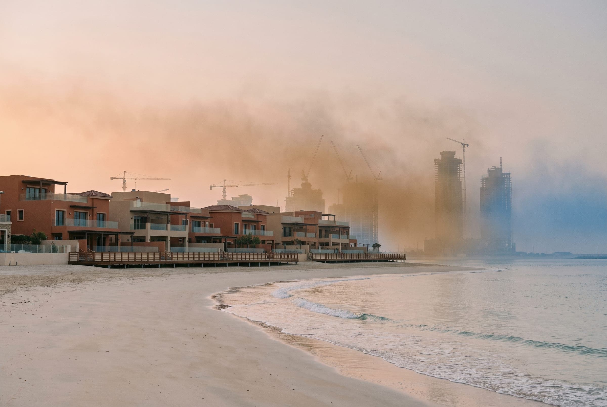 Dubai Islands shoreline at dawn with new low-rise beachfront buildings and a wide empty beach