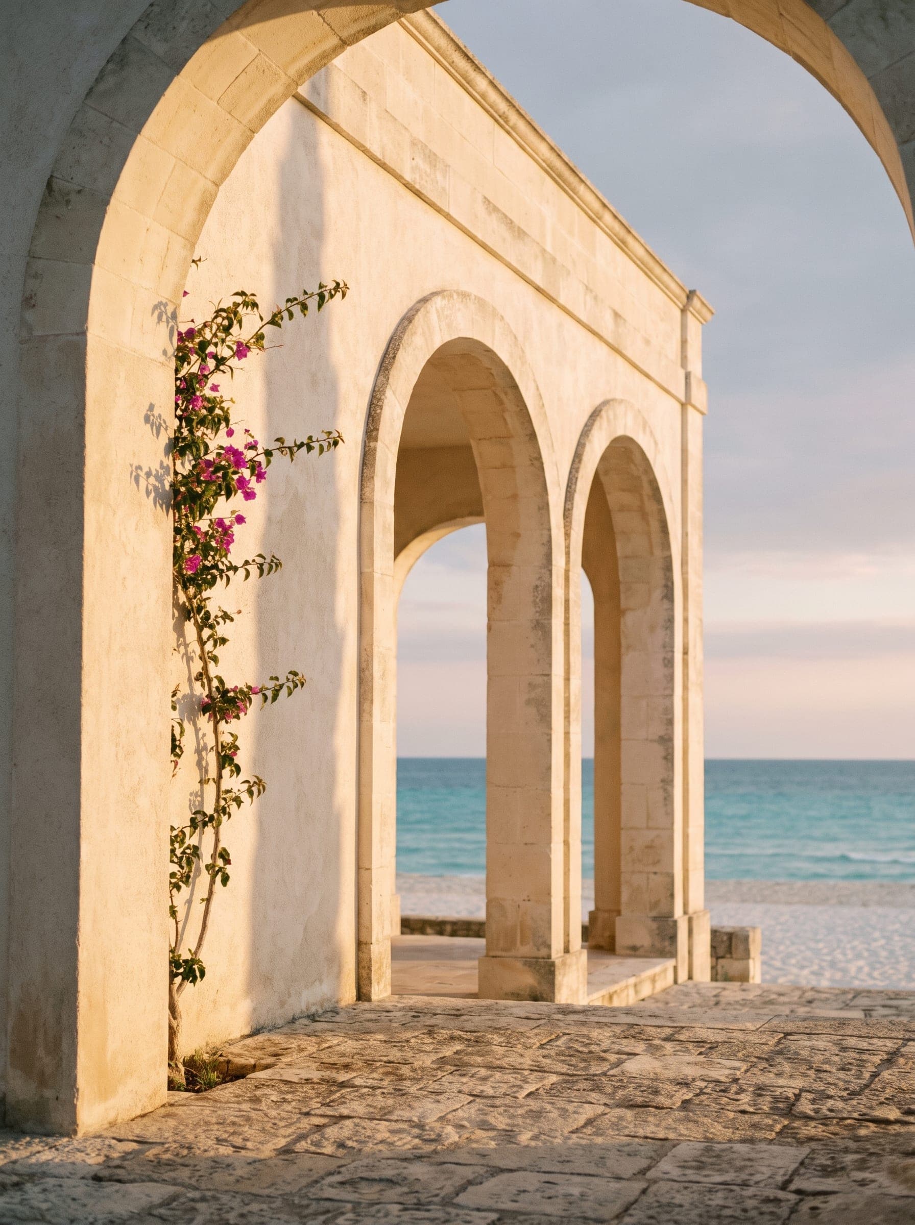 Arched stone colonnade of a Palm Jumeirah frond villa with the sea glimpsed beyond