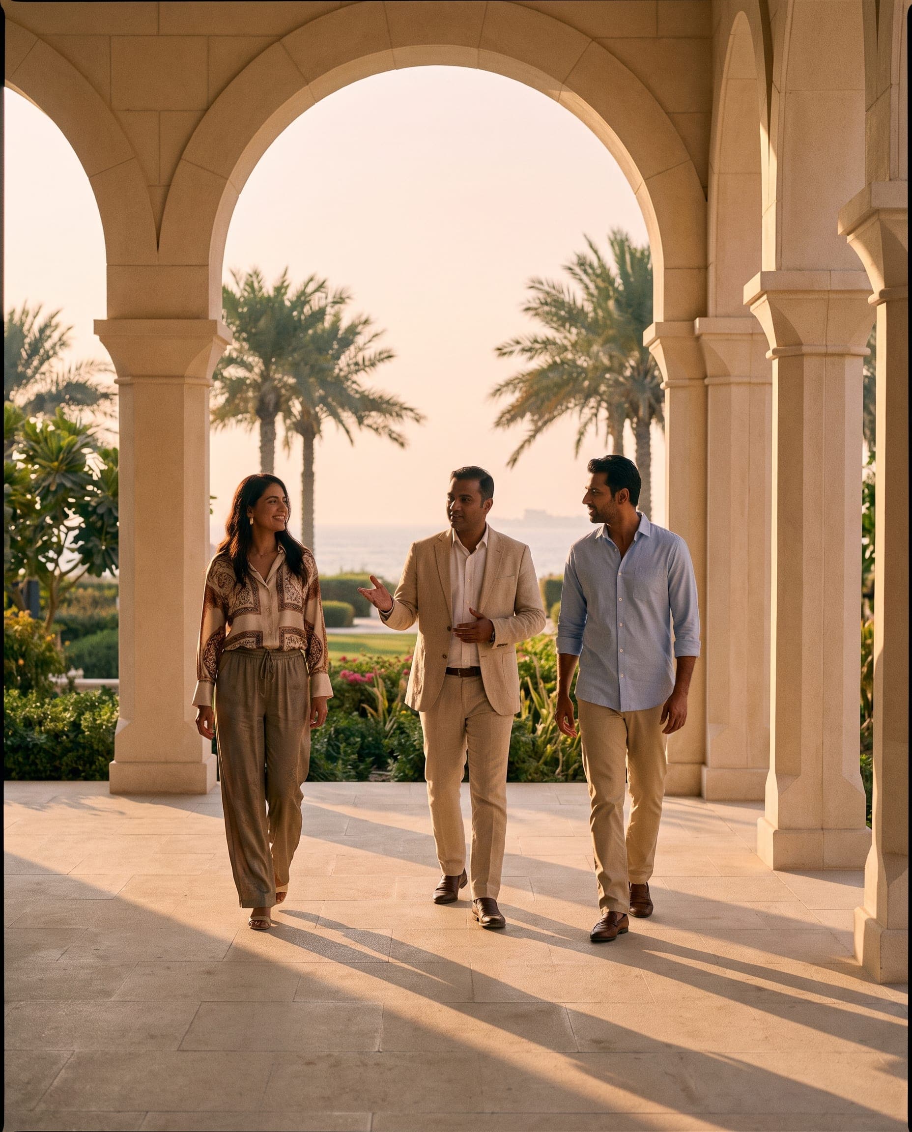 A South Asian advisor and client walking through a bright villa colonnade at golden hour, in conversation