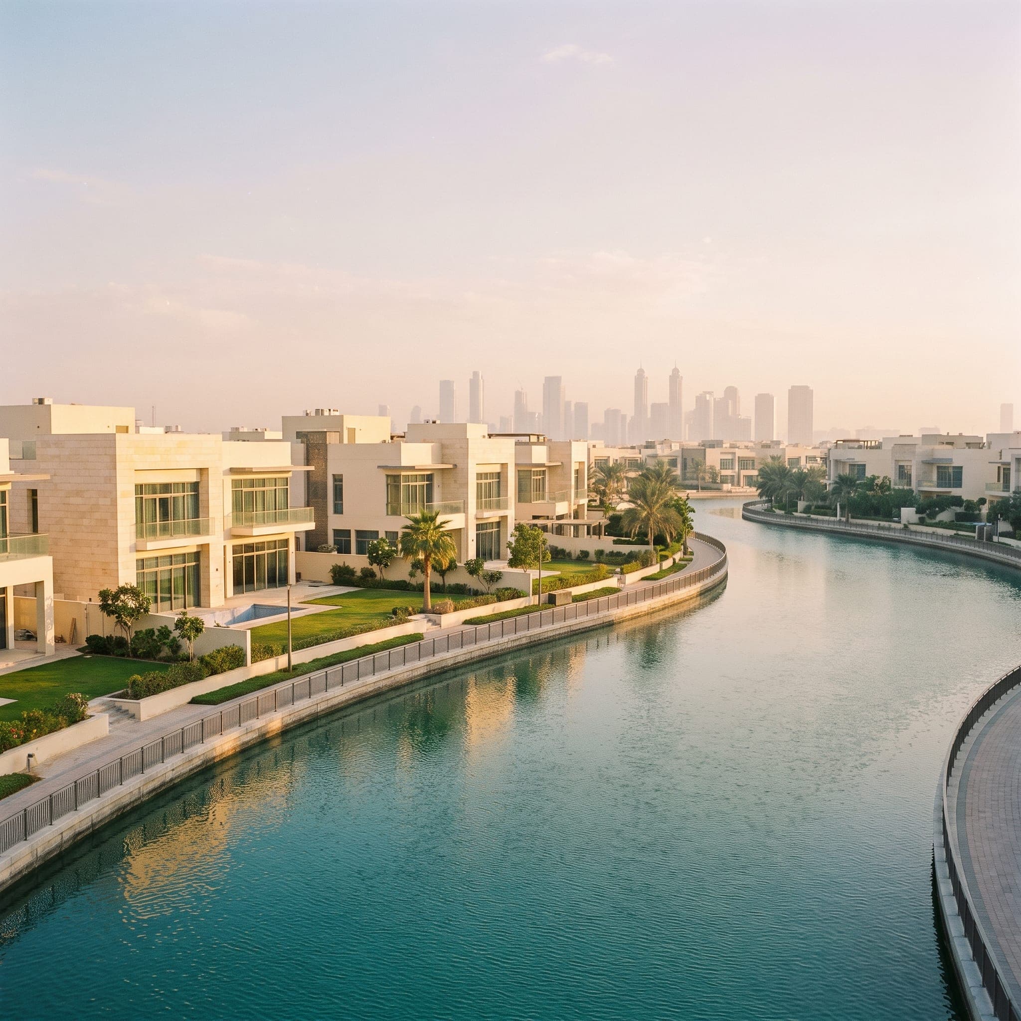 Low-rise waterfront villas along a calm channel at golden hour, seen from the water's edge