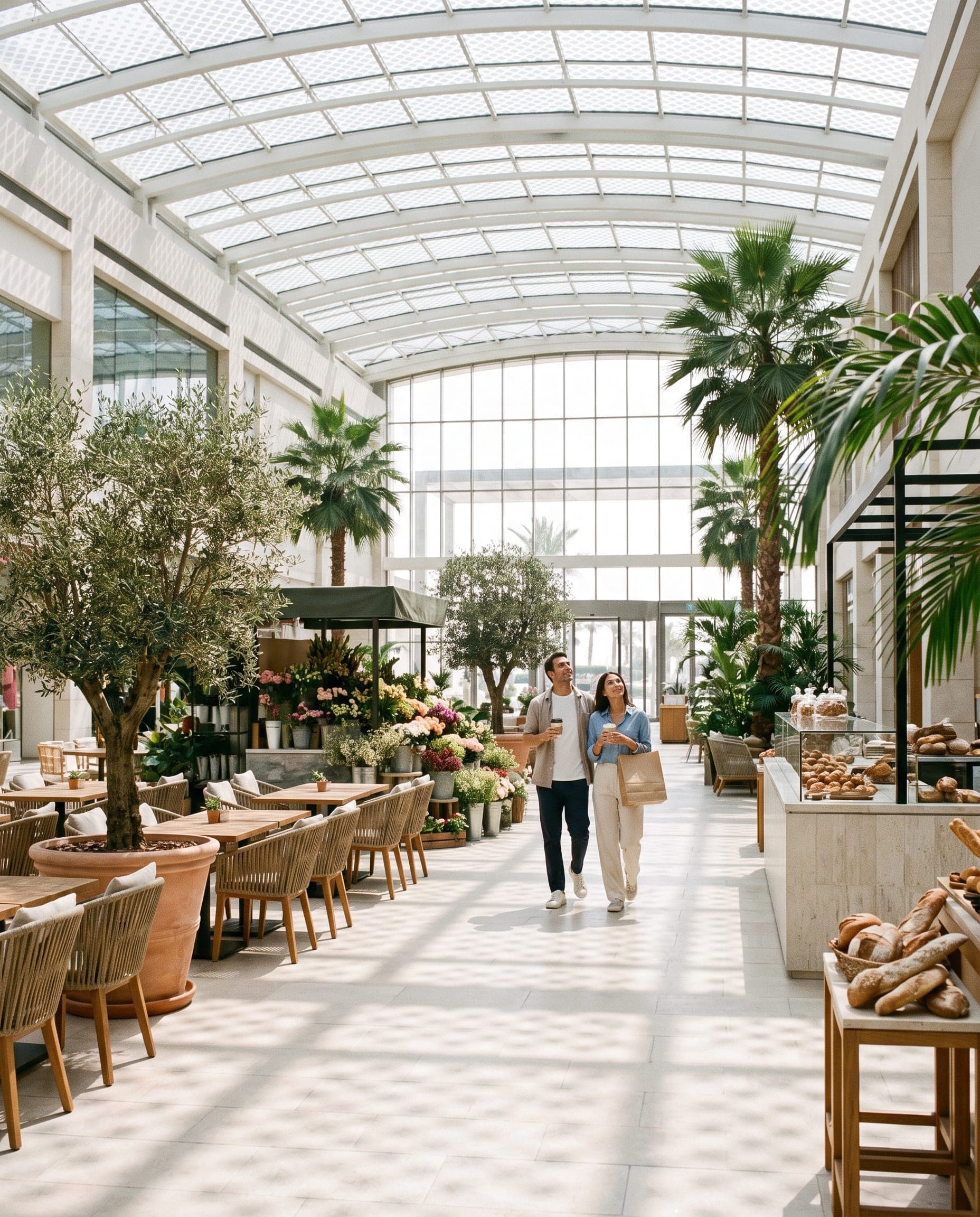 Daylit retail atrium and cafe terrace on Palm Jumeirah with shoppers at mid-distance