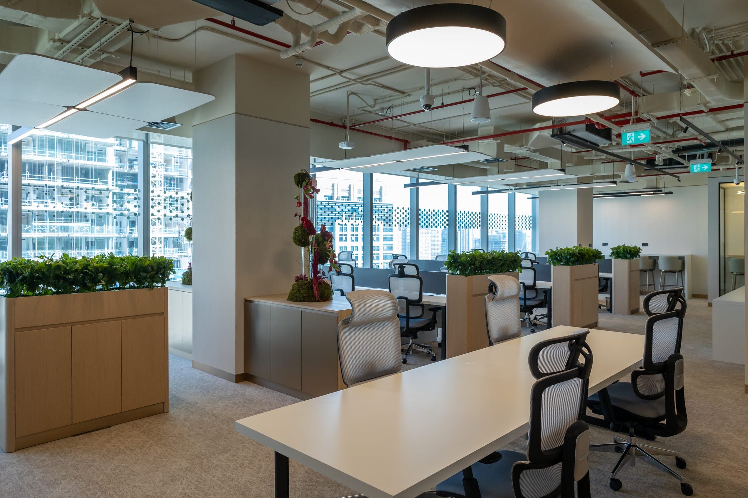 Photograph of the open-plan workspace in the OAC18 office at The Opus, with rows of desks and planted dividers