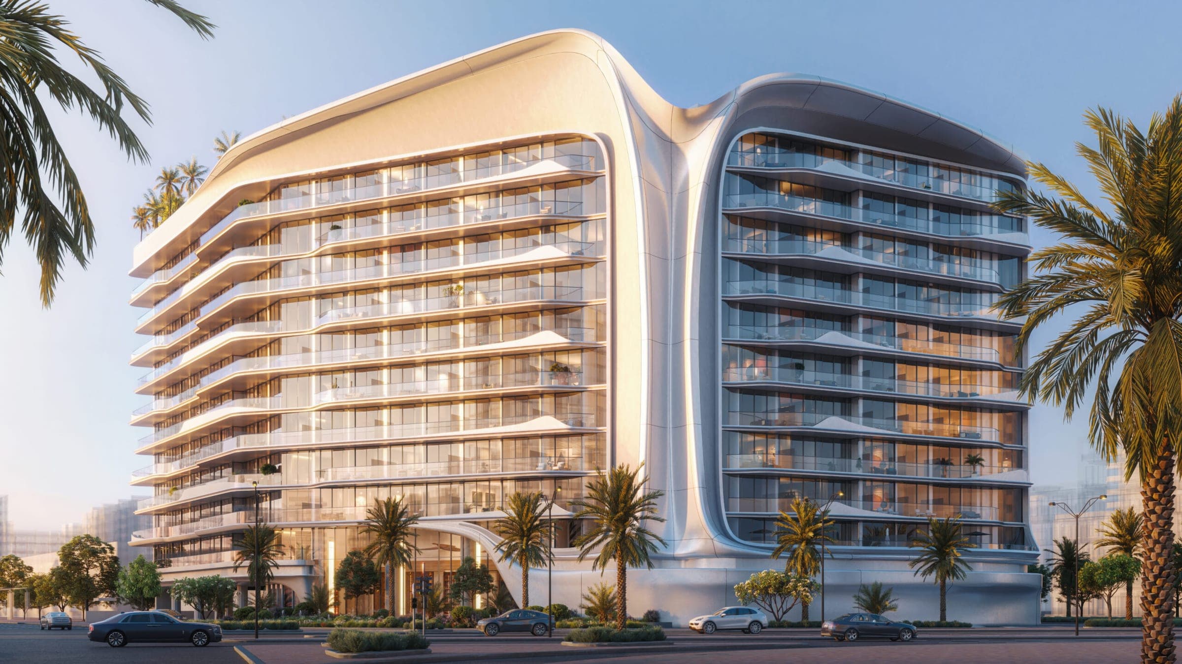 Render of Beverly Grande, its curved white façade and balconies seen from the street