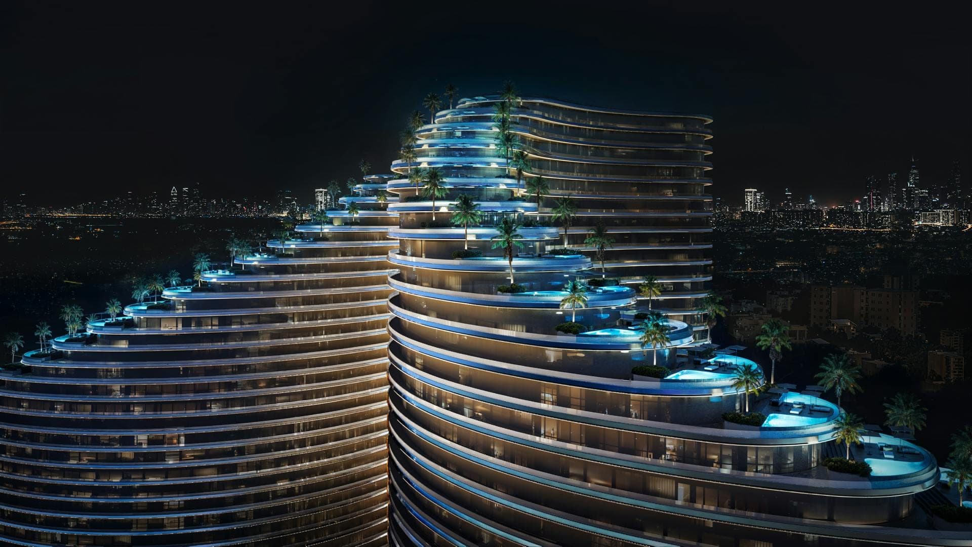 Render of Binghatti Skyflame in Majan at night, the curved tower stacked with balcony pools