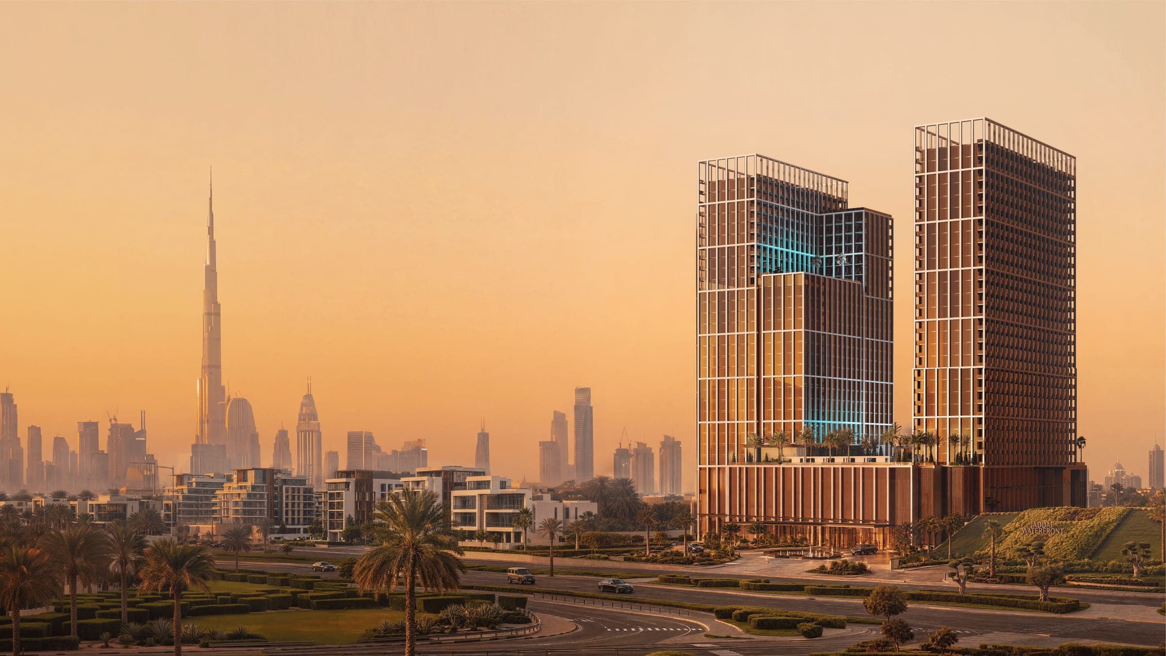 Render of the twin towers of Binghatti Spectre in Al Jaddaf, seen from ground level with the Dubai skyline behind