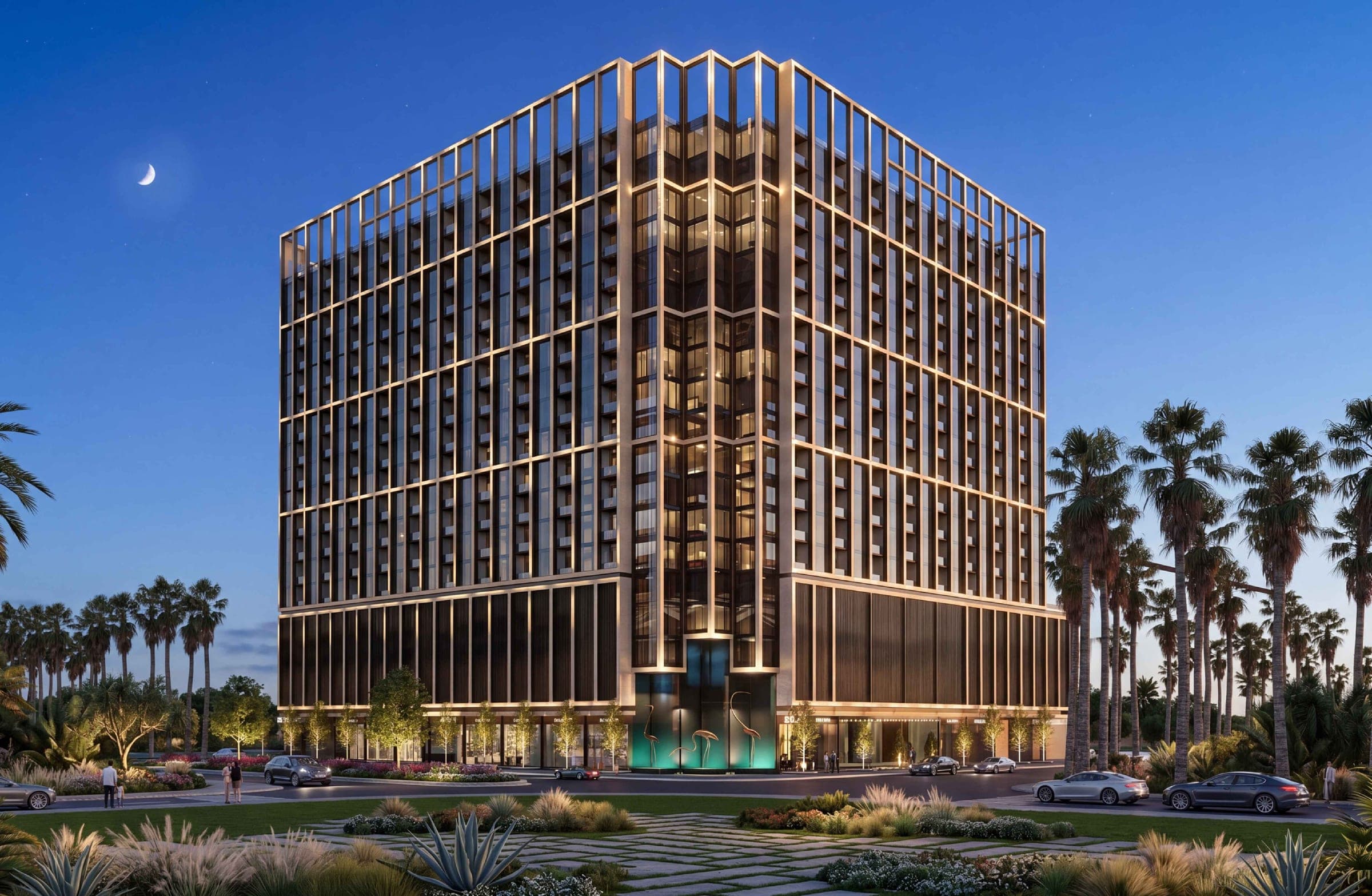 Render of Binghatti Starfall at dusk, its lit bronze-toned frame façade rising above ground-floor shopfronts, with palms and a landscaped forecourt in front