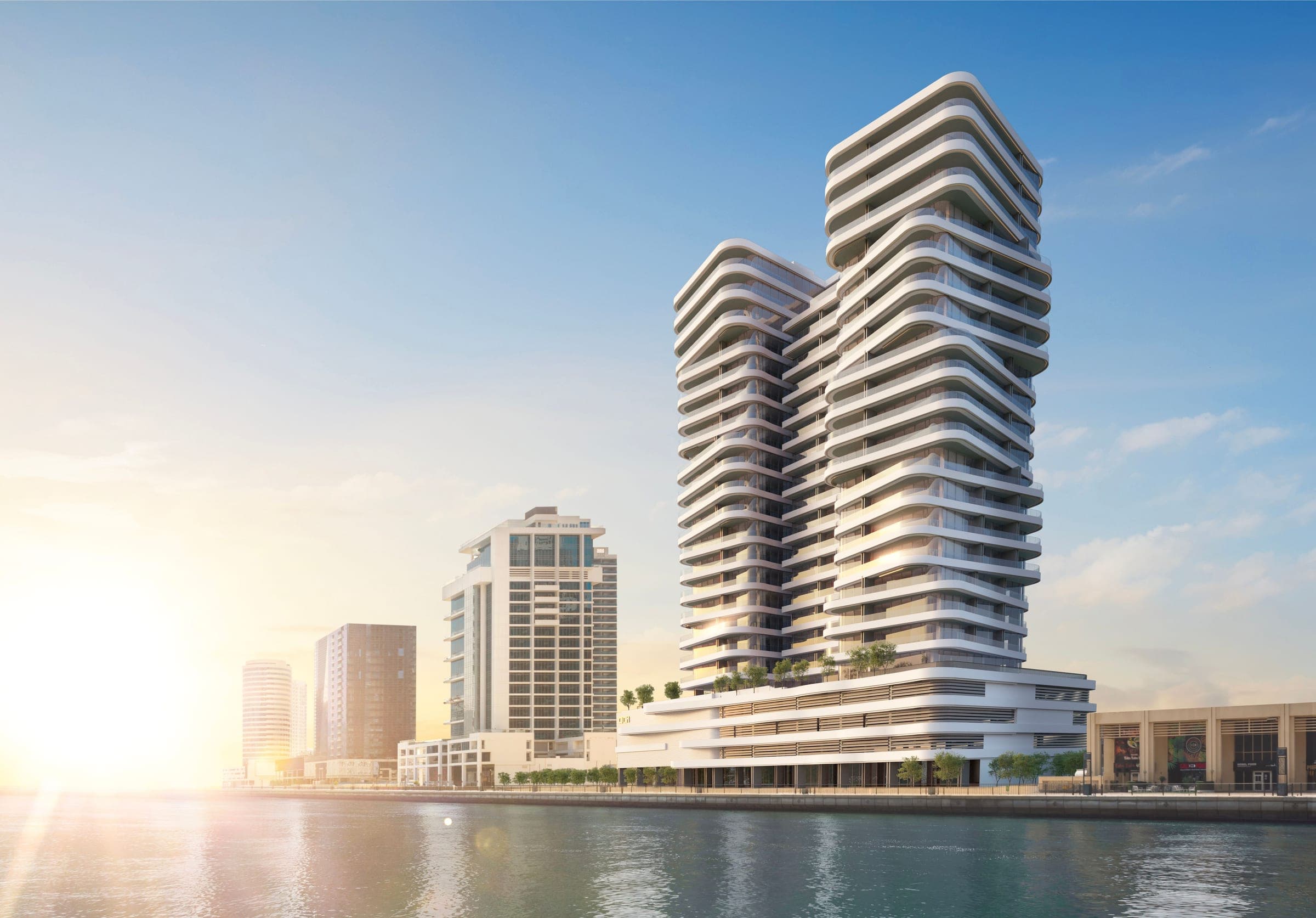 Render of DG1 by DarGlobal on the Business Bay canal, the tower's wave-shaped balconies in low sun