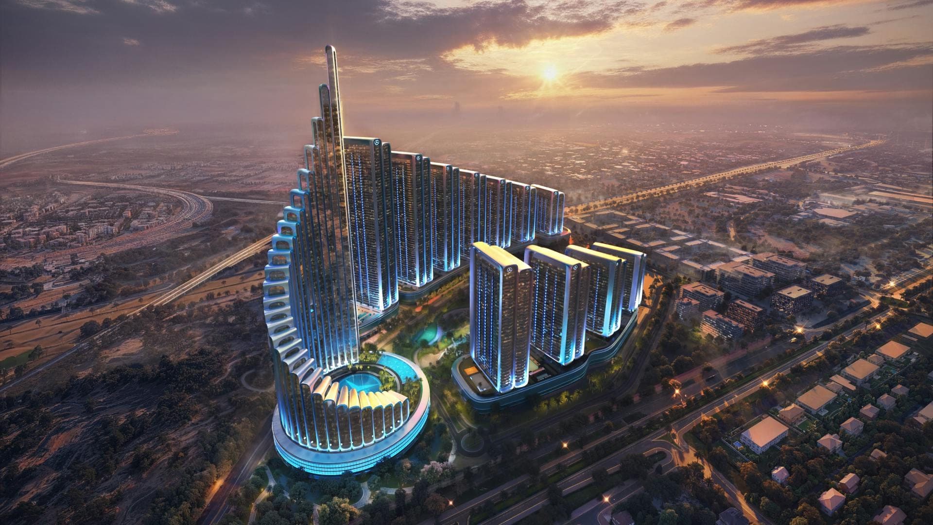 Render of the Mercedes-Benz Places | Binghatti City master plan in Meydan at sunset, showing the cluster of towers