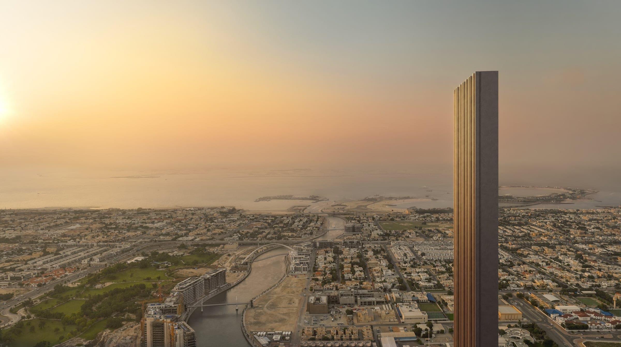 Render of Muraba Veil seen from the air, the tower edge-on with the Gulf beyond