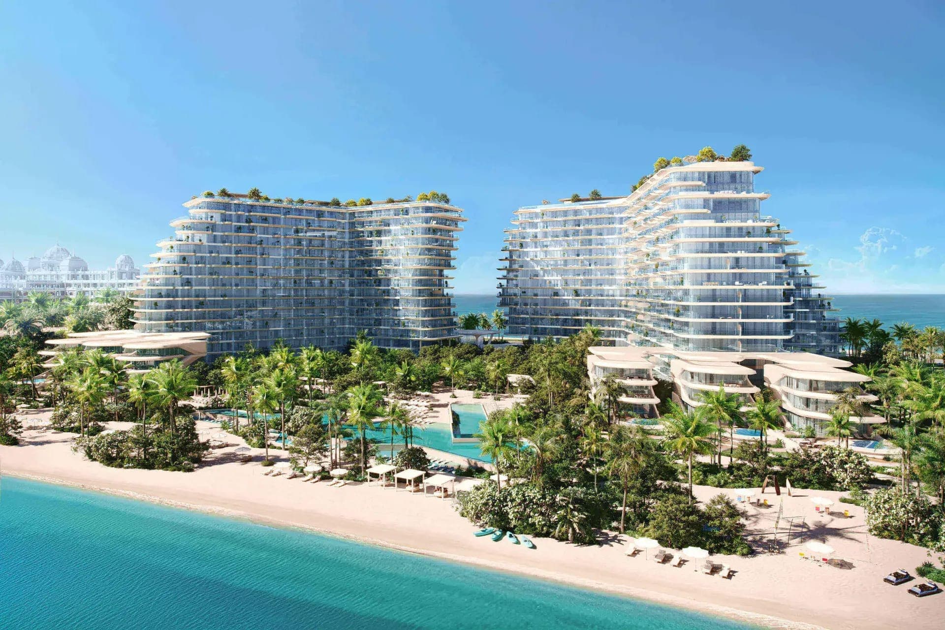 Render of Passo by Beyond on Palm Jumeirah from above the sea, two curved glass towers behind a palm-lined beach and pools