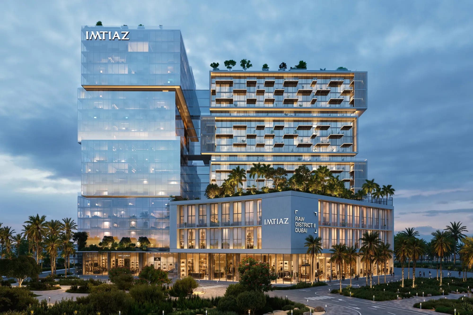 Render of Raw District II by Imtiaz in Downtown Jebel Ali at dusk, with the Imtiaz Raw District II Dubai signage on the retail podium