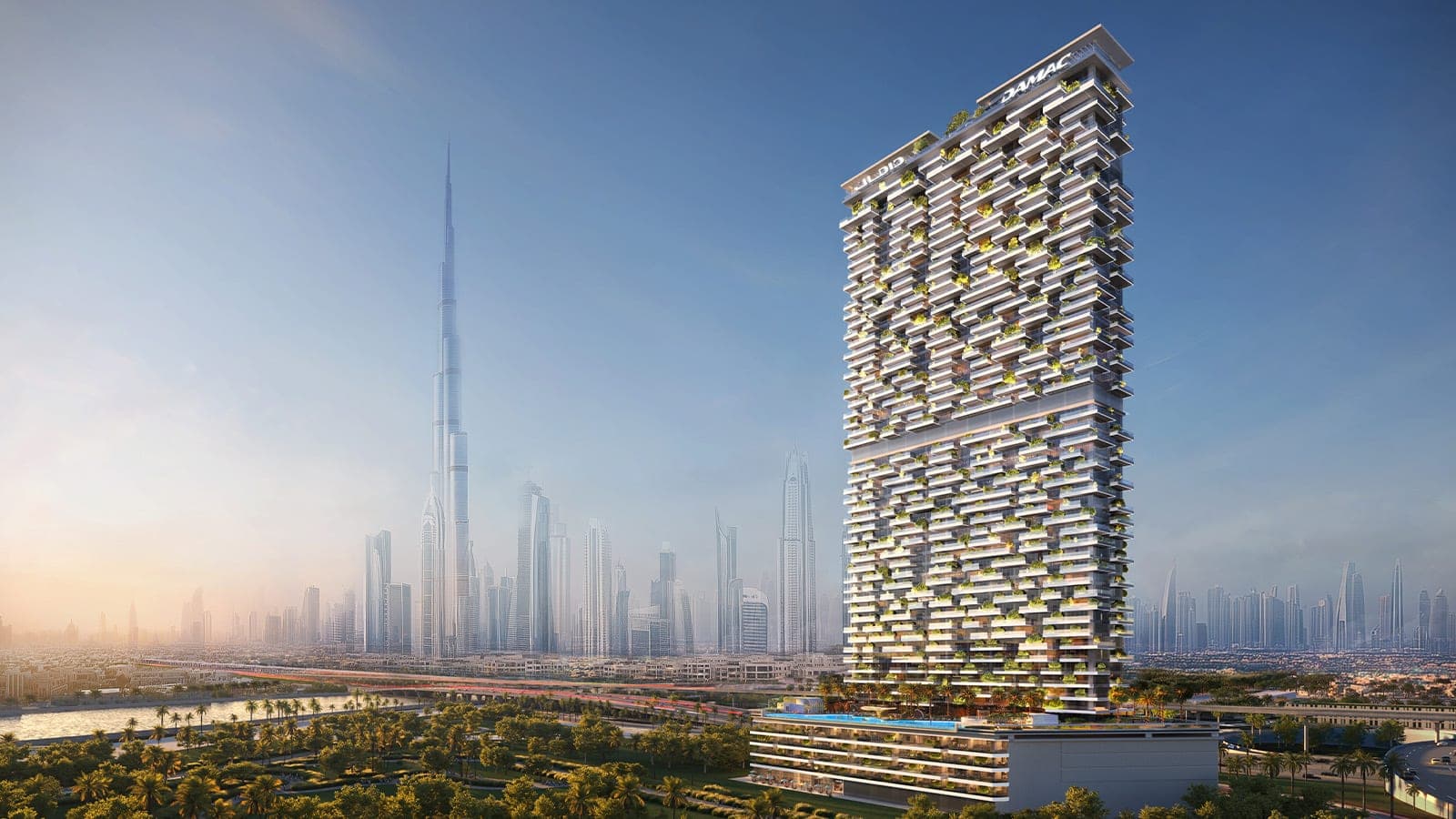 Render of Safa Gate, a planted tower on Sheikh Zayed Road, with the Downtown Dubai skyline behind it