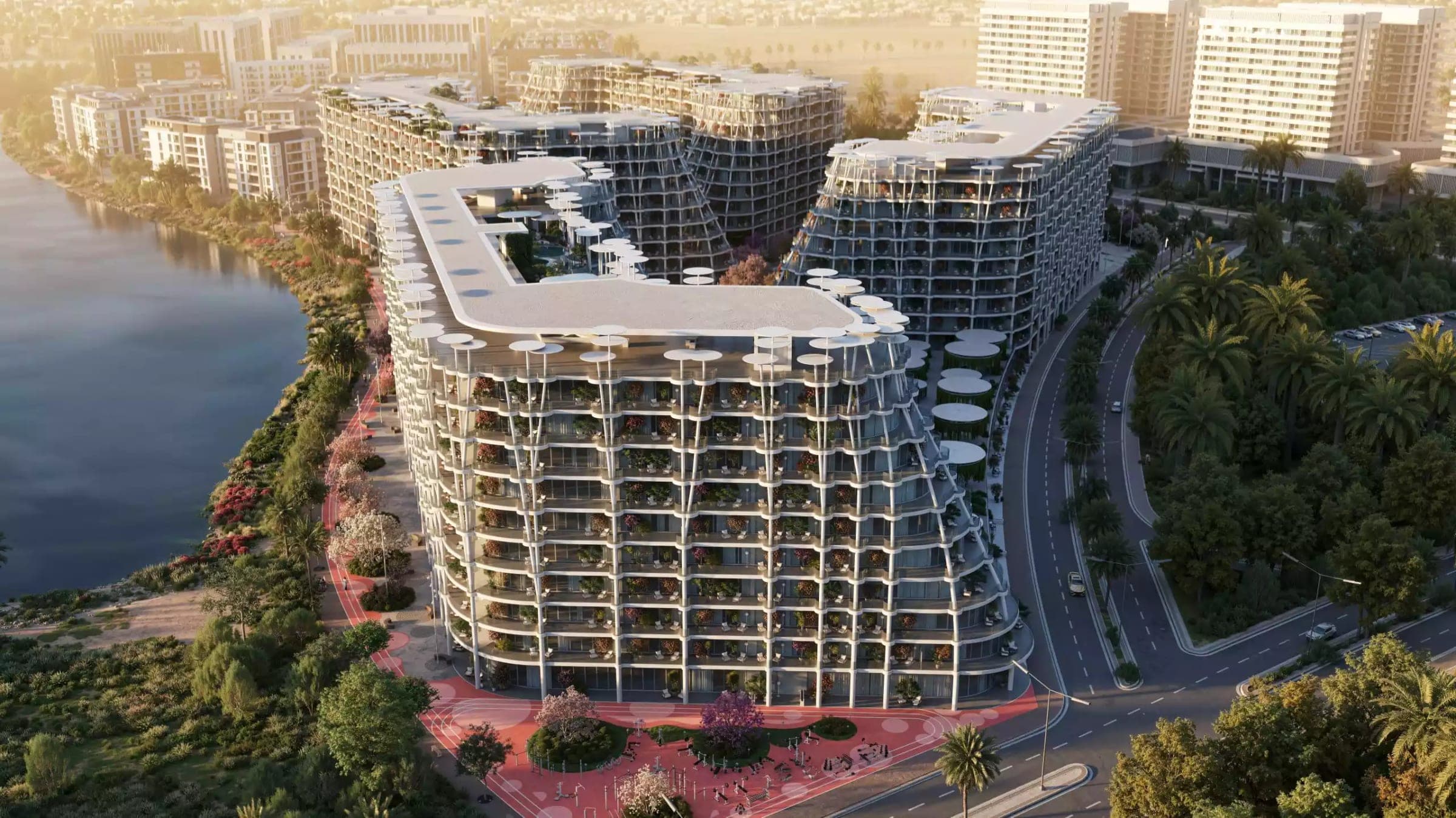 Render of Sakura Gardens by HRE Development in Falcon City of Wonders, Dubailand, seen from above beside the lagoon