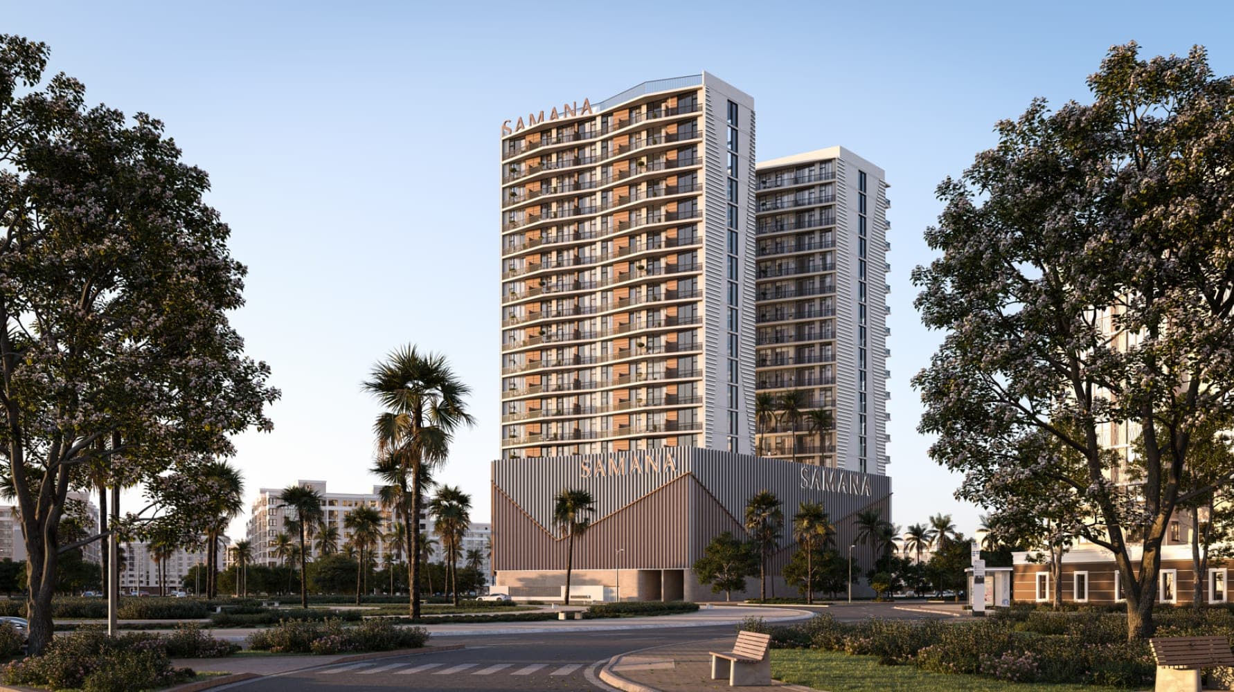 Render of SAMANA Greenfield 2 in Al Warsan, Dubai, seen from the road with the SAMANA signage on the podium