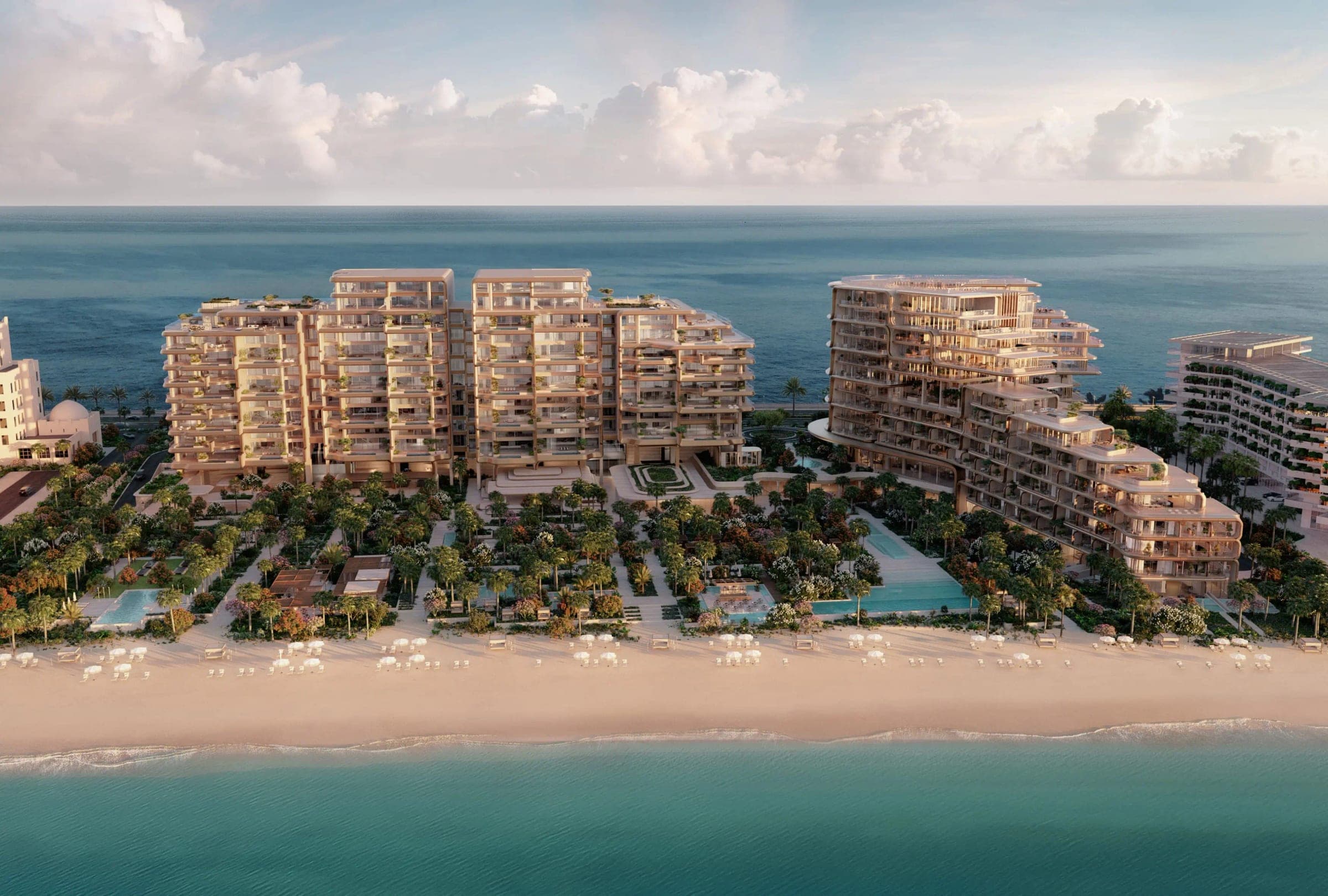 Render of The Alba development on Palm Jumeirah from the air, the stepped residence blocks and the curved resort building set behind a beach
