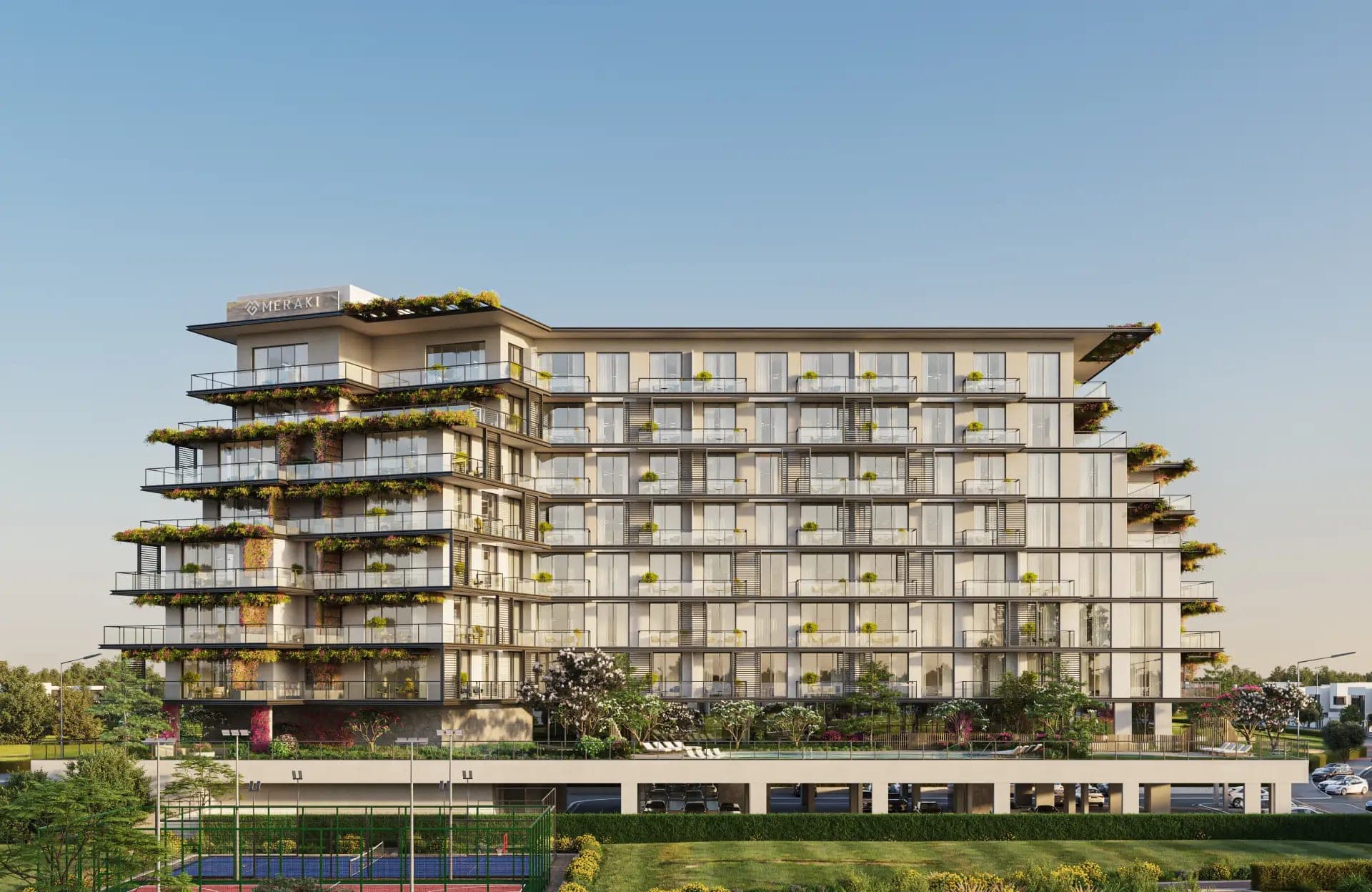 Render of The Haven III in Majan, the terraced mid-rise building with planted balconies above a parking podium and sports courts
