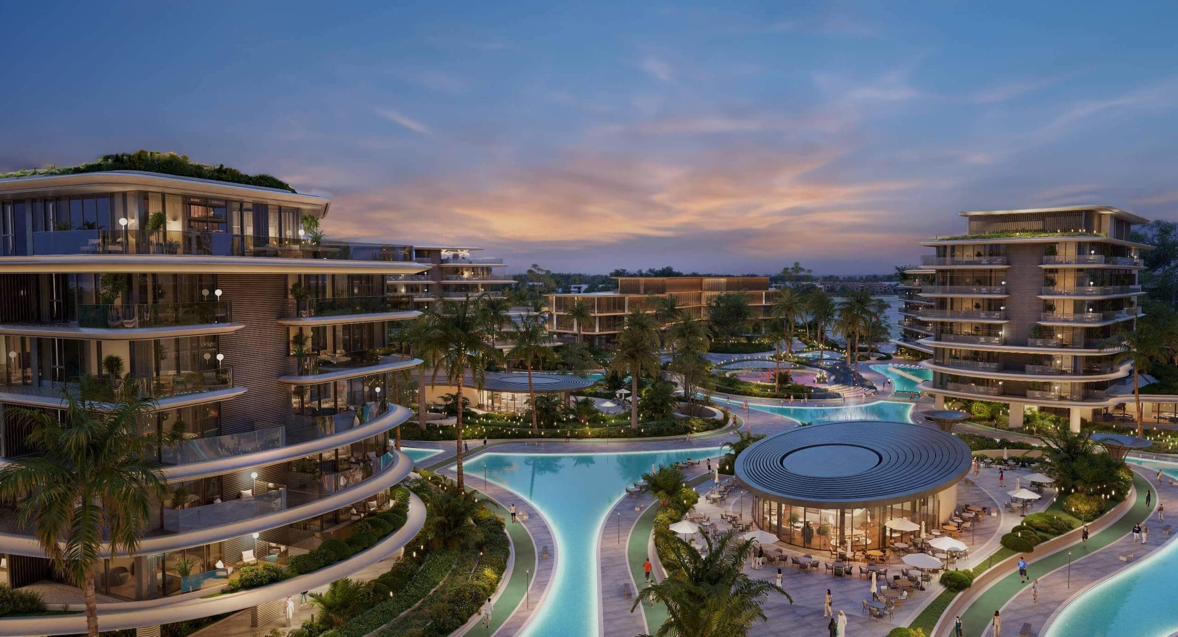Render of The Meriva Collection on Dubai Islands at dusk, curved terraced residences around lagoon pools, a round pavilion and palm-lined paths