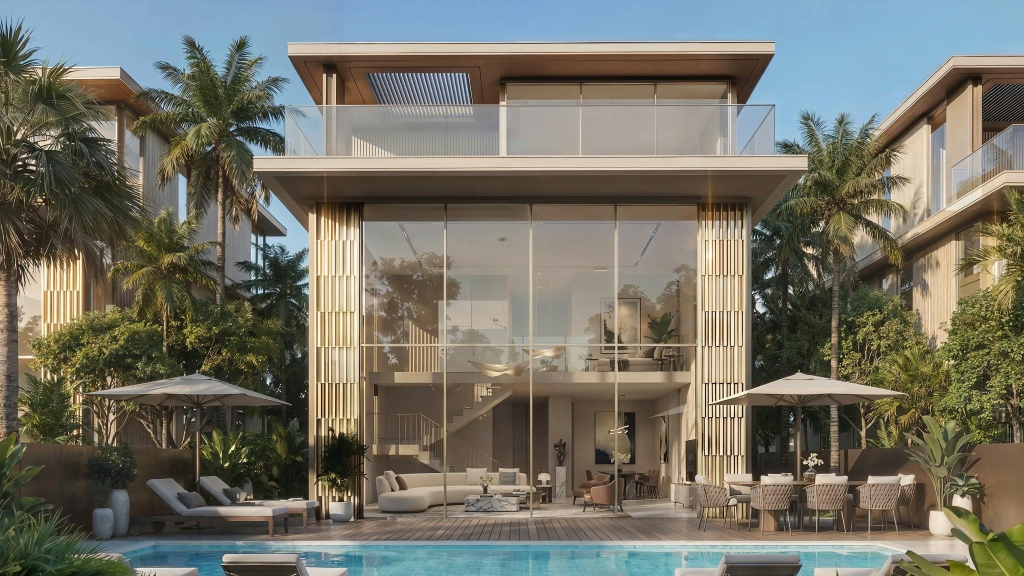 Render of a villa at Tilal Binghatti, with a double-height glazed elevation and a private pool