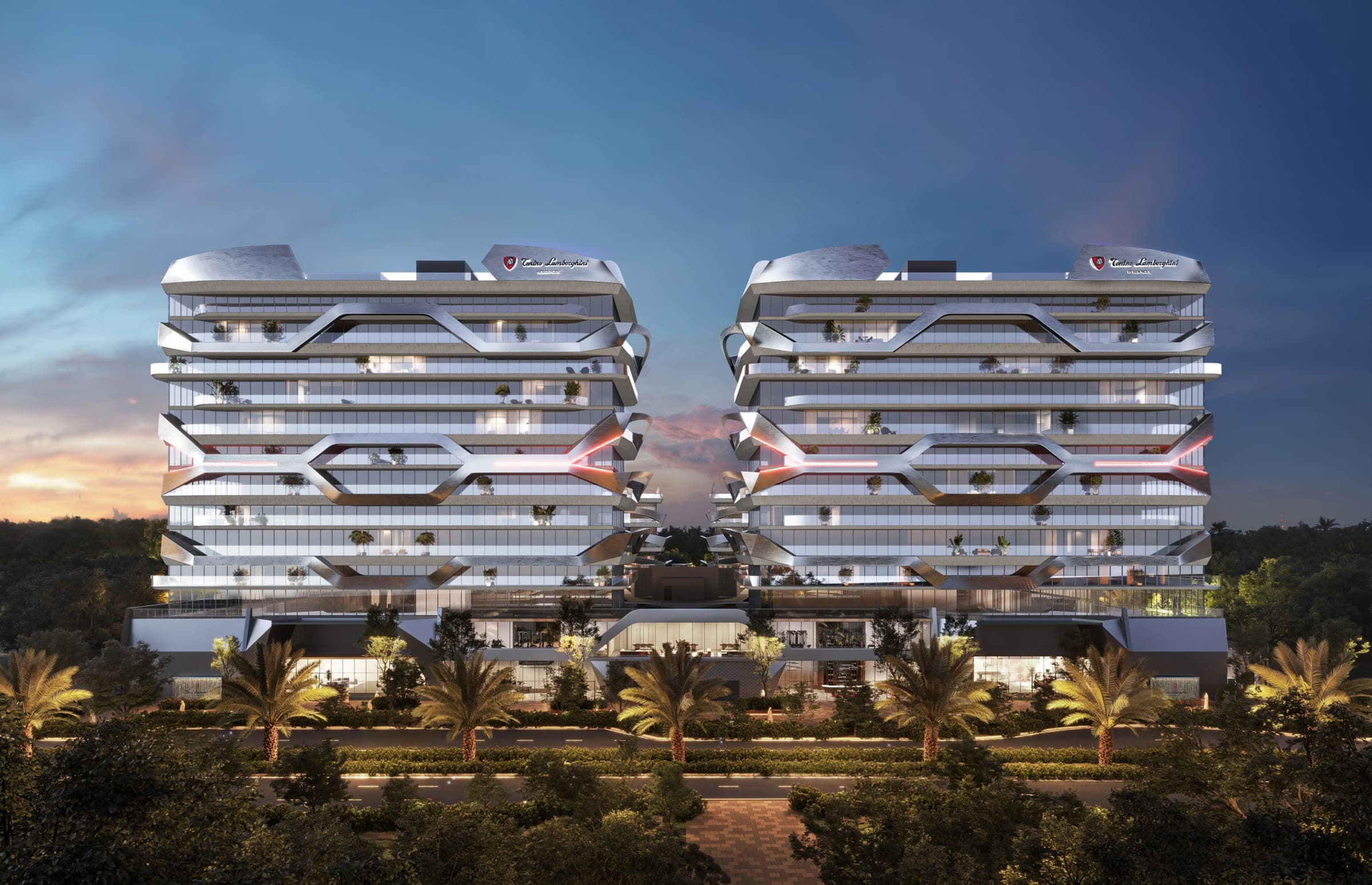 Render of Tonino Lamborghini Residences Dubai at dusk, the two wings of the building lit from within