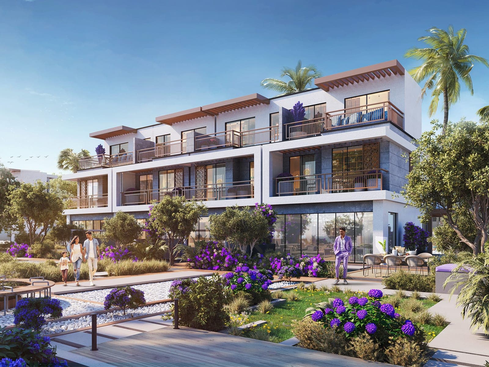Render of Violet 4 in DAMAC Hills 2, a row of three-storey white townhouses with timber-slatted canopies and balconies above a landscaped garden path with purple flowering shrubs
