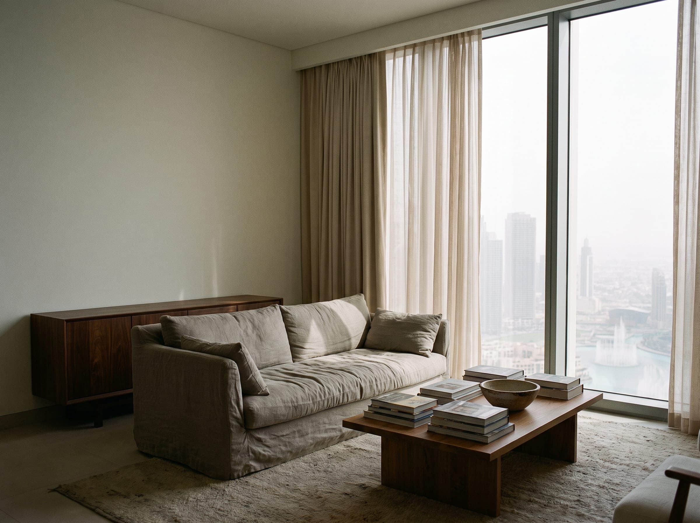 High-floor Downtown Dubai apartment living room with floor-to-ceiling glazing and the city beyond