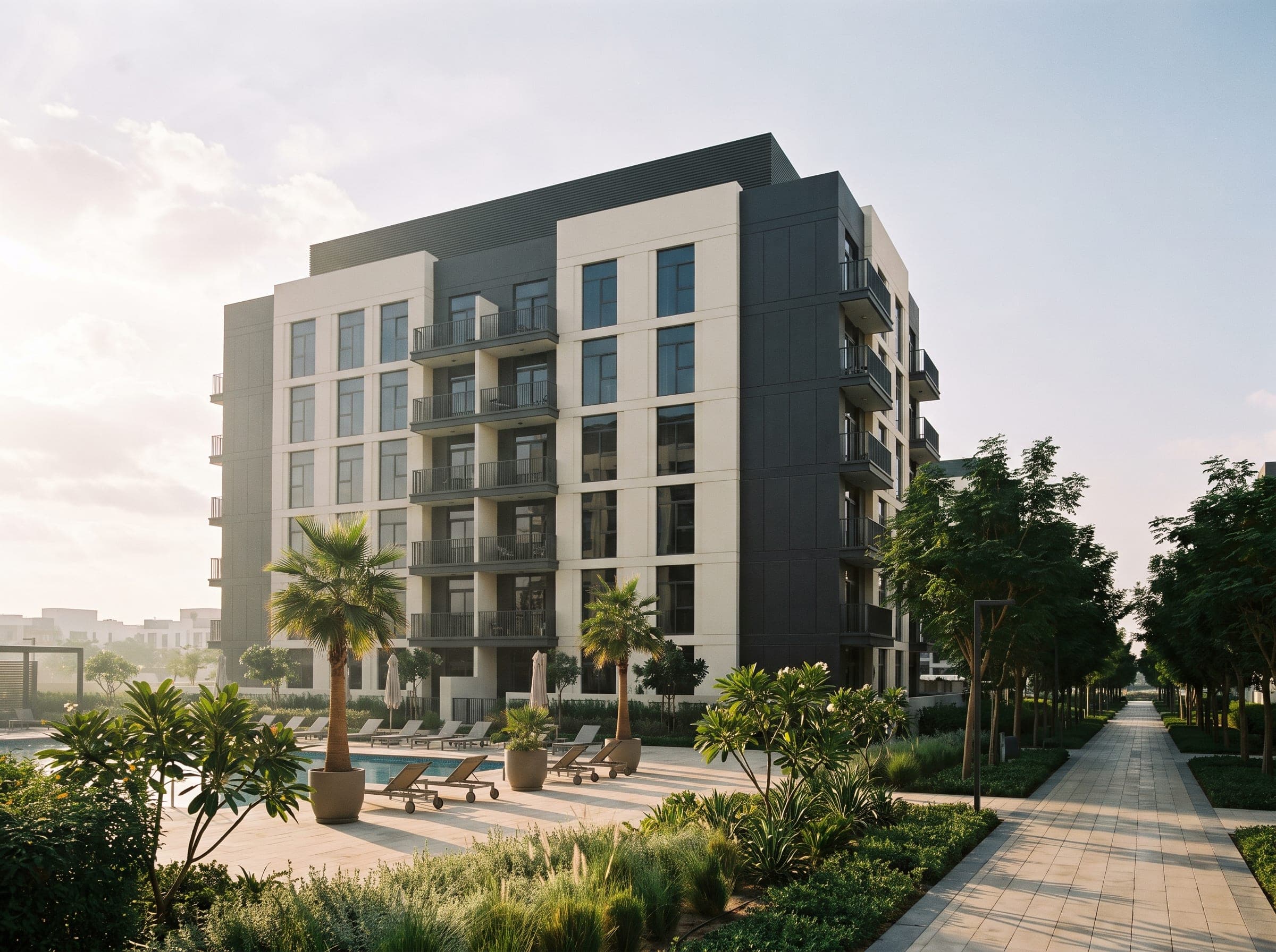 Mid-rise apartment building in Dubai Hills Estate with the park and pool deck
