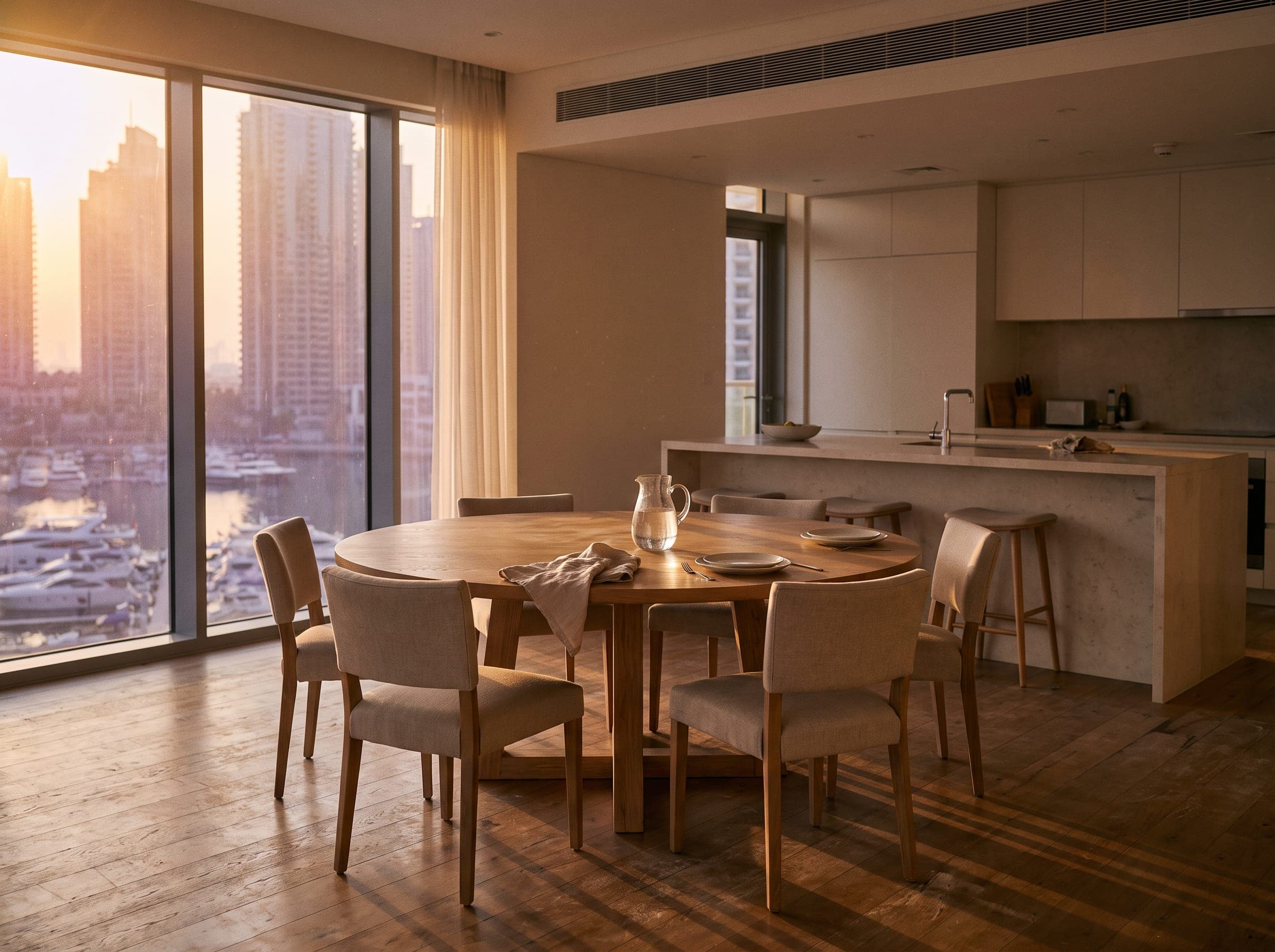 Upper-floor Dubai Marina apartment interior at golden hour with a dining area and marina view