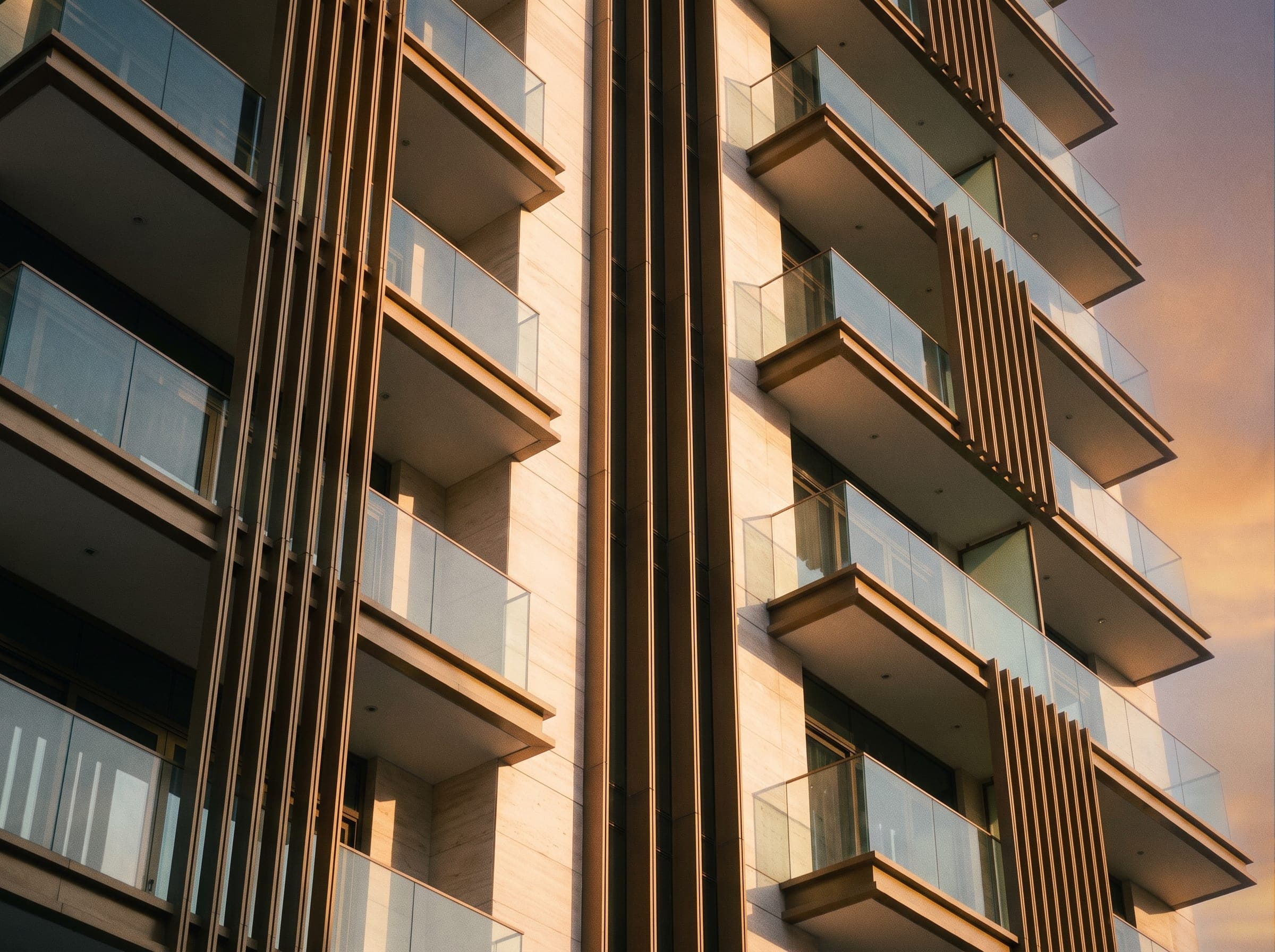 Residential tower facade detail at golden hour with stepped balconies and bronze fins