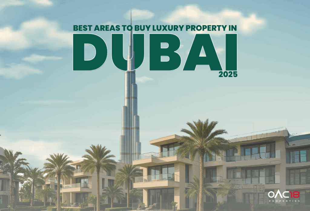 Luxury waterfront villas in Dubai with Burj Khalifa in the background, representing prime real estate locations in 2025 by OAC18 Properties.